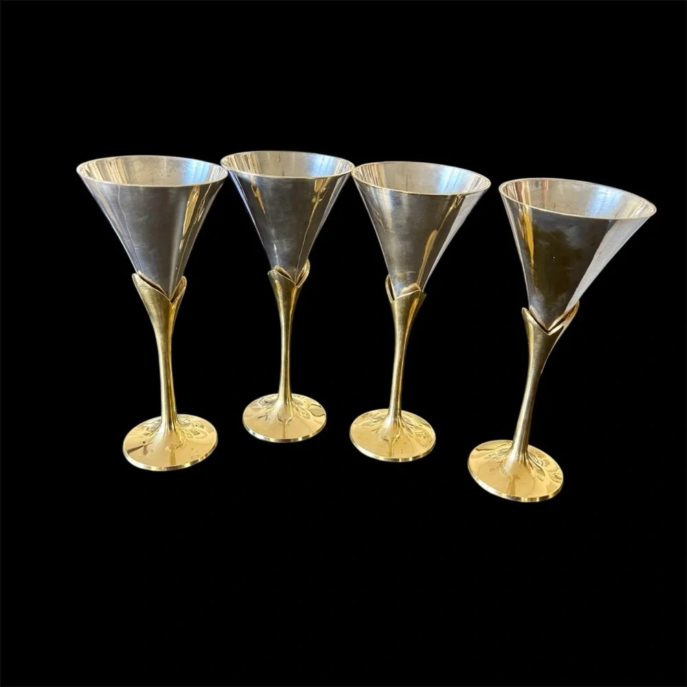 4 Wine goblets Silver Plate, brass stems. Vintage sculptural mid century modern